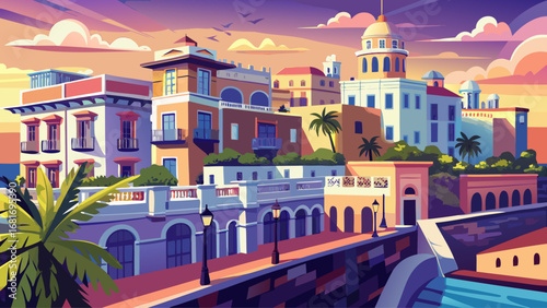 San Juan’s Old City, Puerto Rico, shines with pastel-colored buildings, arched balconies, and historic stone fortifications. Sunset reflections glow on walls; semi-realistic flat vector emphasizing Ca