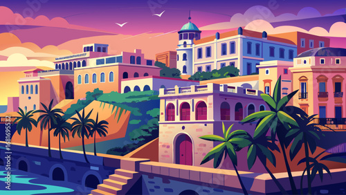 San Juan’s Old City, Puerto Rico, shines with pastel-colored buildings, arched balconies, and historic stone fortifications. Sunset reflections glow on walls; semi-realistic flat vector emphasizing Ca