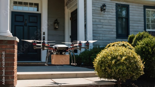A Delivery Drone Hovering in Front of a Residential Home, Carrying a Cardboard Box, Representing the Future of Automated Package Delivery