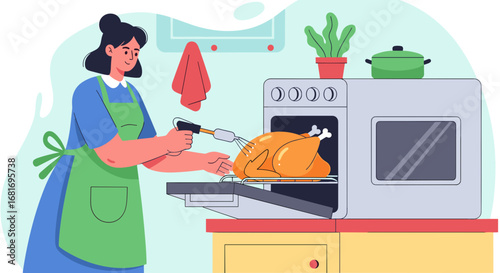 Woman basting turkey in the oven wearing an apron with a cheerful mood in a cozy kitchen
