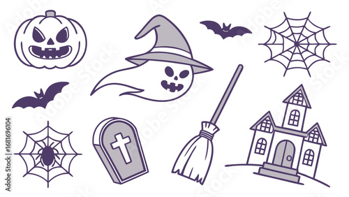 Halloween Icons Collection with Ghost Pumpkin Bats Spiderwebs and Haunted House Keywords: halloween, icons, ghost, pumpkin, bat, spiderweb, haunted house, tombstone, broom, spooky, scary, holiday