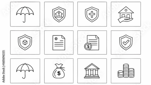 Insurance and Financial Icons Arranged in a Grid umbrella shield