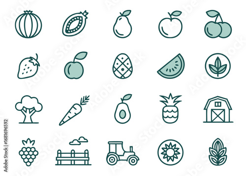Outline Icons of Farm Life Fruits Vegetables and Nature Elements watermelon papaya