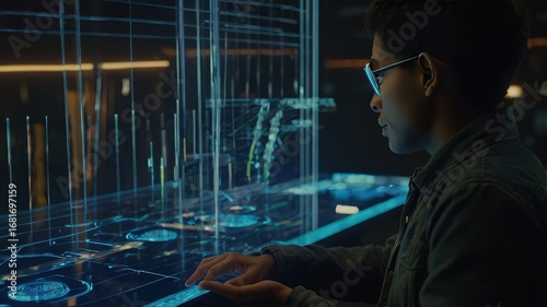 The Data Alchemist: A Young Technologist Interacting with a Complex Holographic Data Display in a Modern Control Room

