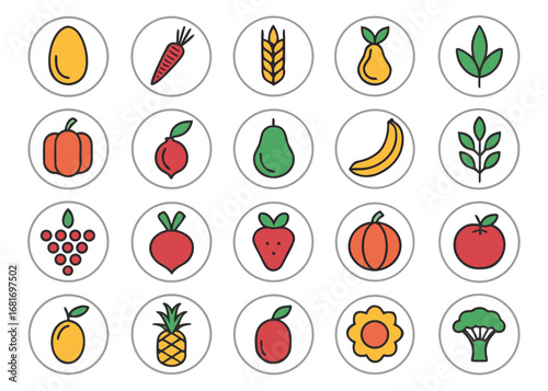 Vibrant Assortment of Food and Produce Icons in Circular Frames carrot wheat