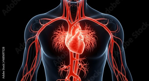 The human heart and arterial blood system. Cardiology and cardiovascular health concept. 3D medical illustration of the main arteries in the human torso.