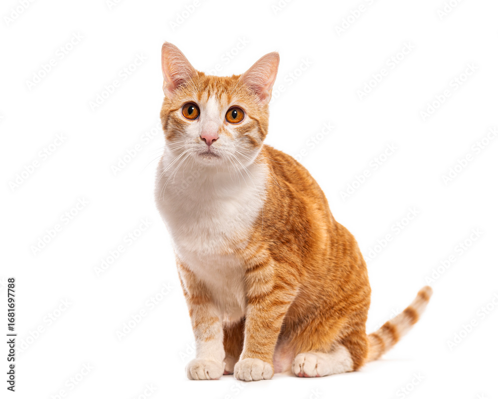 Fototapeta premium Ginger cat sitting and posing on white background