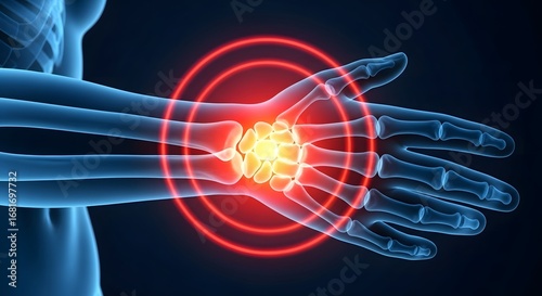 Painful wrist joint and carpal bones. Carpal tunnel syndrome and arthritis concept. 3D xray medical illustration showing inflammation in the human hand.