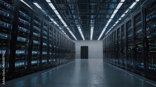 A Glimpse into the Digital Age: An Empty Aisle in a Massive, Modern Data Center with Endless Rows of Server Racks

