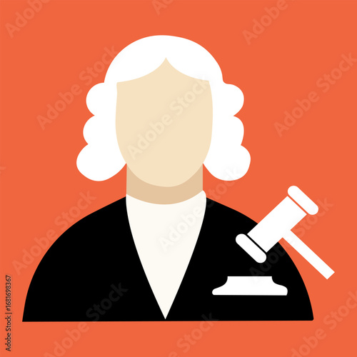 Judge wearing traditional robes holds gavel with orange background during court session