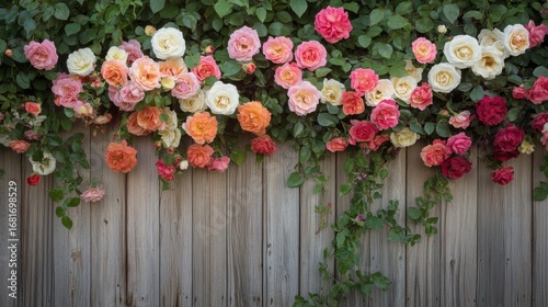 A rustic wooden fence adorned with a vibrant cascade of blooming roses in various shades of pink, orange, and white