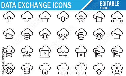 Data Exchange Icons Collection: Cloud Storage, Upload, Download, Data Sharing, Network, Collaboration, Server Sync, Cloud Computing