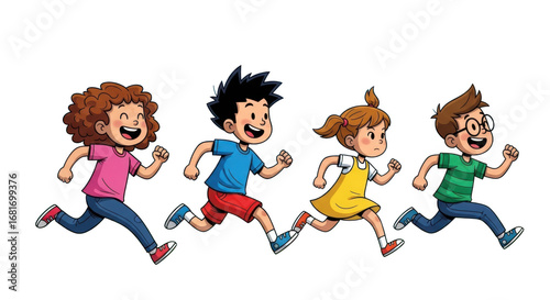 Four happy cartoon children running together joyfully in a group