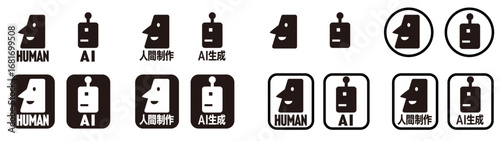AI生成と人間制作を示す人間＆ロボット顔シルエットマーク(Human & Robot Face Silhouette Marks Indicating AI-Generated and Human-Created Works)