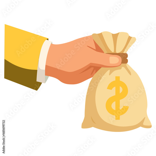 Hand holding a money bag symbolizes wealth and financial exchange in business transactions and savings