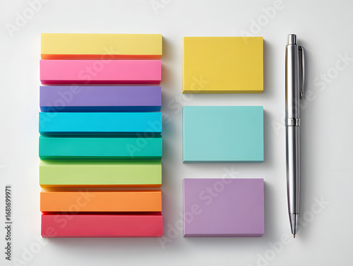 Pack of colorful post it notes neatly arranged alongside a pen on a crisp white background, organized workspace vibe.