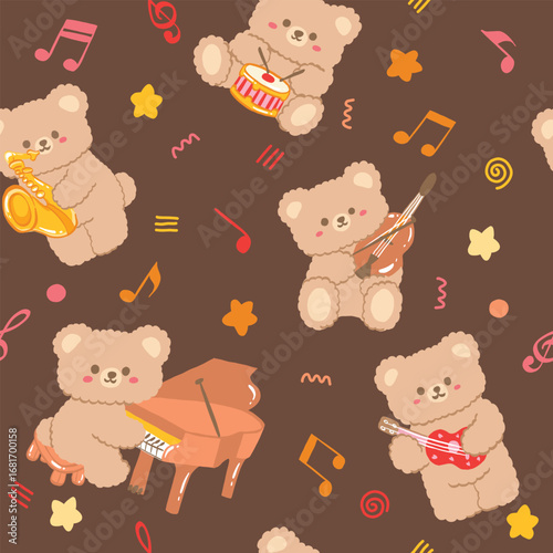 Cute Teddy Bear Band Pattern on Brown