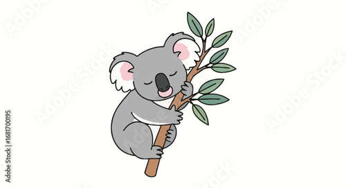 Cute sleeping koala illustration clinging to eucalyptus branch. Adorable wildlife animal for World Animal Day, conservation, and nature designs.