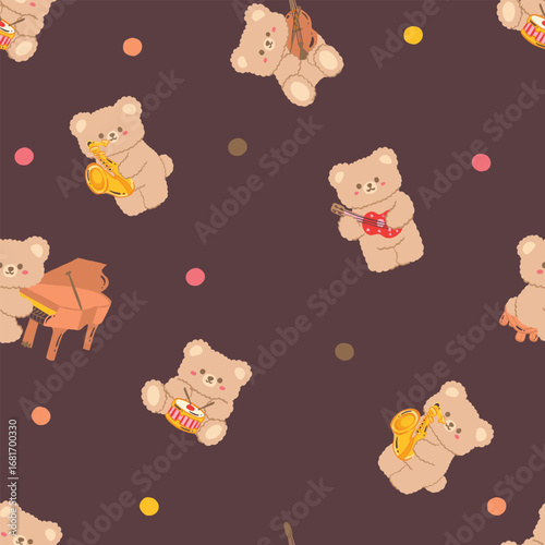 Minimal Teddy Bear Music Pattern on Dark Brown 