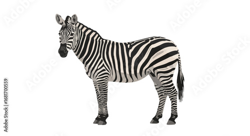 African Zebra Standing Isolated on White Background, Majestic Wildlife Animal for Conservation and World Animal Day Concepts