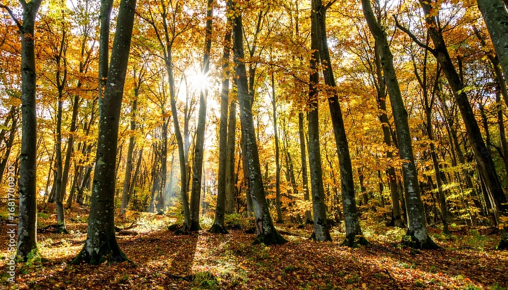 Obraz premium Autumn forest sunbeams