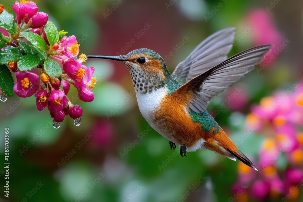 Fototapeta premium Colorful hummingbird feeding on vibrant flowers during a sunny afternoon