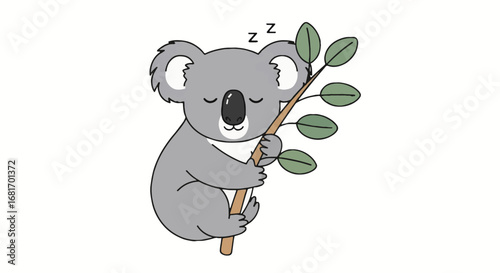 Cute sleeping koala bear cartoon illustration clinging to a eucalyptus branch, perfect for World Animal Day assets and wildlife conservation.