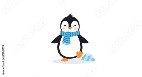 Cute cartoon penguin wearing blue striped scarf and smiling, standing next to ice. Happy animal illustration for World Animal Day and winter.