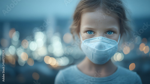 Child wearing a face mask in a polluted urban environment