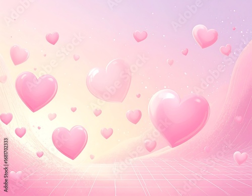 Pink hearts floating over a grid