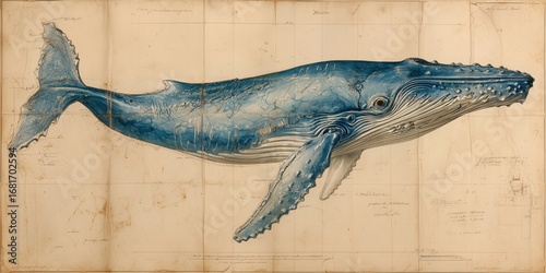 Vintage humpback whale illustration on antique nautical map