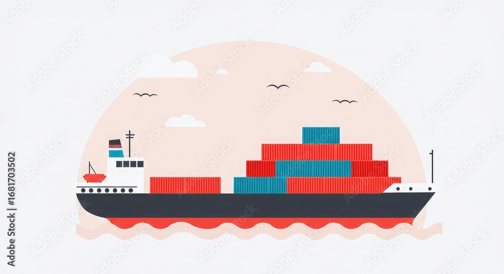Illustration of a cargo ship carrying containers on the ocean, transporting goods globally. Illustration of a cargo ship carrying containers on the ocean, transporting goods globally.