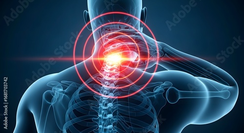 Man with severe neck pain and injury. Cervical spine inflammation and whiplash concept. 3D medical illustration of a painful neck and skeleton.