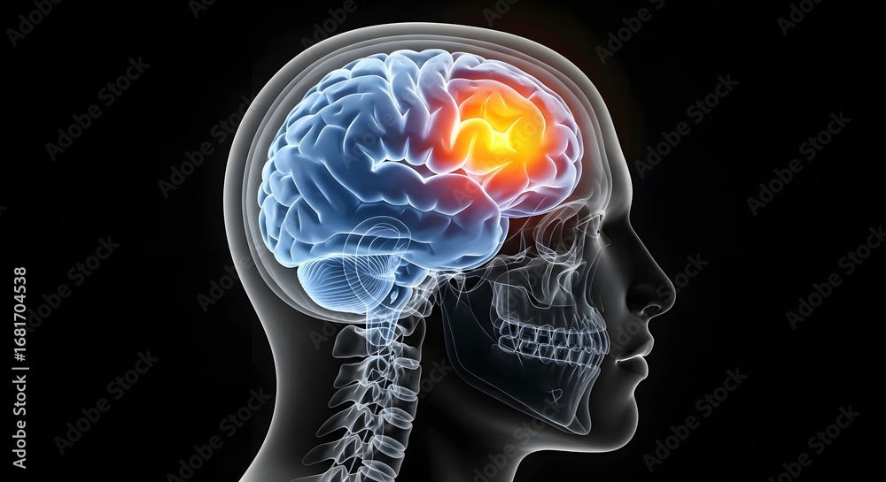 Obraz premium Human brain showing a tumor or injury. Neurology and brain health concept. 3D medical scan of a head with a glowing area of neurological damage.