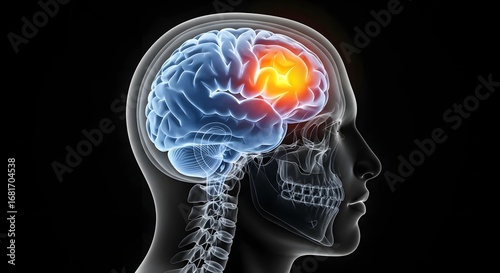 Human brain showing a tumor or injury. Neurology and brain health concept. 3D medical scan of a head with a glowing area of neurological damage.