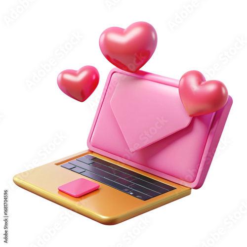 3D render of Digital love letter sent on a pink laptop with floating hearts