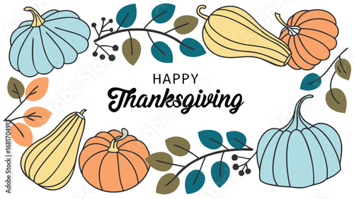 Vector art of happy thanksgiving text surrounded by colorful pumpkins and autumn leaves on