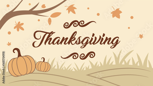Vector art of thanksgiving greeting with pumpkins and autumn leaves on a warm, neutral background, evoking a cozy fall celebration