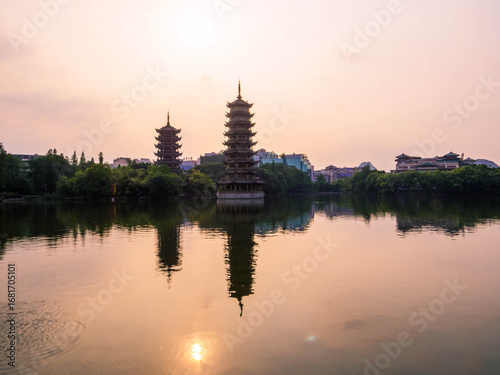 Принти на полотні The Sun and Moon Pagodas, Guilin, China