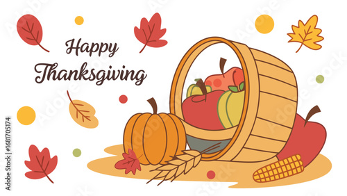 Vector art of happy thanksgiving banner with a wooden barrel overflowing with autumn harvest fruits and vegetables, surrounded by fall leaves