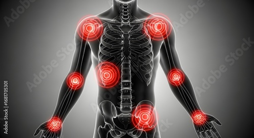 Widespread joint pain from arthritis. Rheumatology and chronic pain medical concept. 3D xray illustration of a skeleton with multiple inflamed joints.