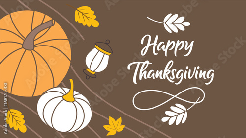 Vector art of happy thanksgiving text with pumpkins and lanterns on a brown background with autumn leaves
