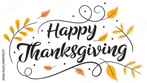 Vector art of happy thanksgiving calligraphy with swirling decorative elements and falling autumn leaves