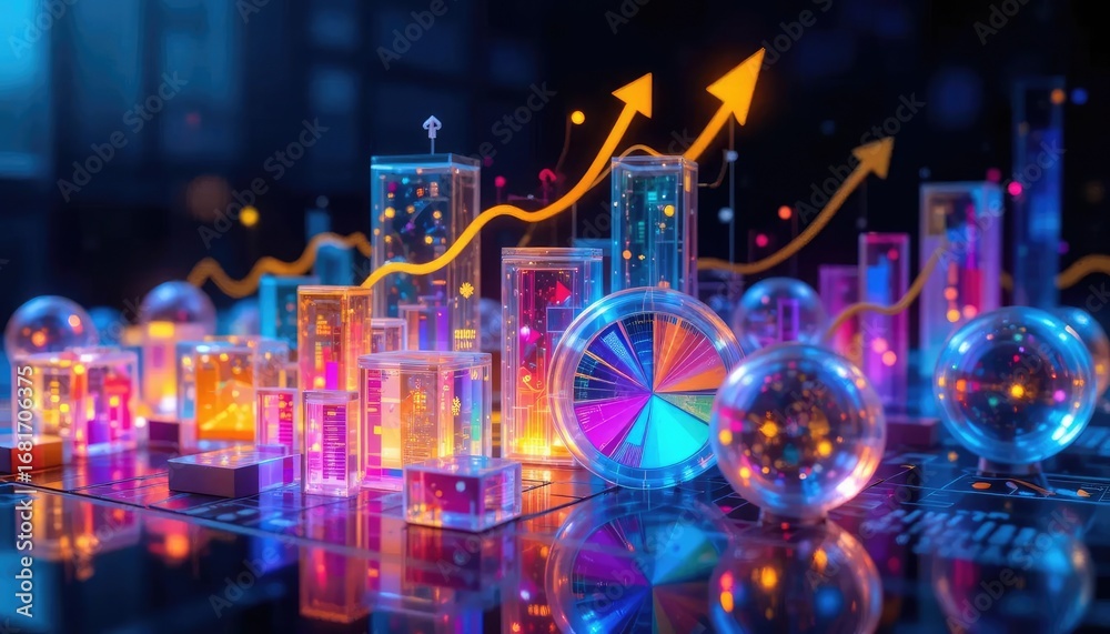 Obraz premium Abstract cityscape with glowing structures, rising arrows, and transparent spheres, representing growth and data.