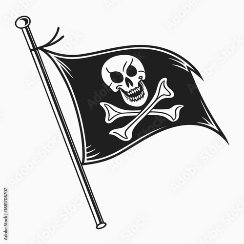 Black and white pirate flag with grinning skull and crossbones on white background Keywords: pirate flag