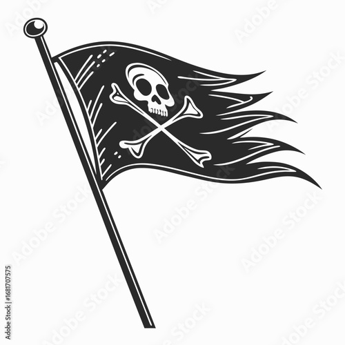 Black and white pirate flag with skull and crossbones on white background Keywords: pirate flag, Jolly