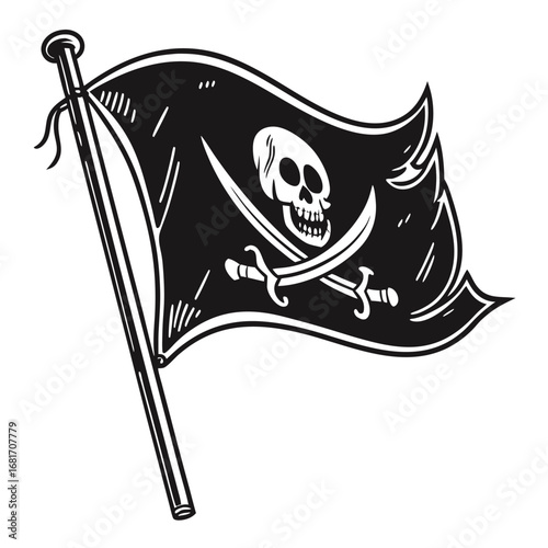 Black and white pirate flag with skull and crossed sabers on a pole Jolly Roger swords