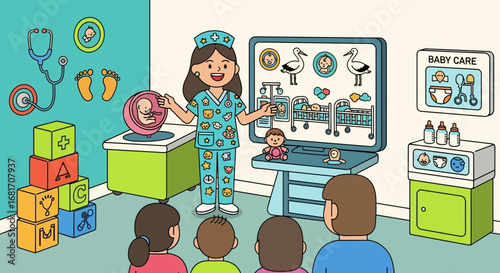 Educating expectant parents about pregnancy and baby care in a playful cartoon style