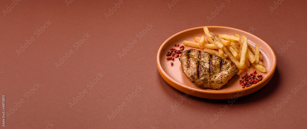 Fototapeta premium Chicken breast steak, grilled poultry fillet, healthy food, lunch. Chicken steak