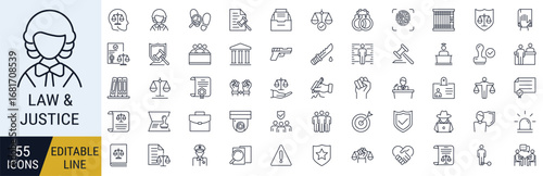 law and justice editable line icons set – legal outline icons for court, police, lawyer, judge, crime, security, and law enforcement design